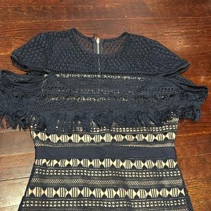 Navy blue bodycon knee length lace cutout dress